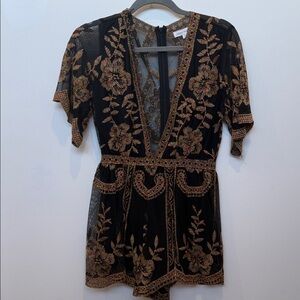 Honey Punch Black and Gold Floral Jumpsuit